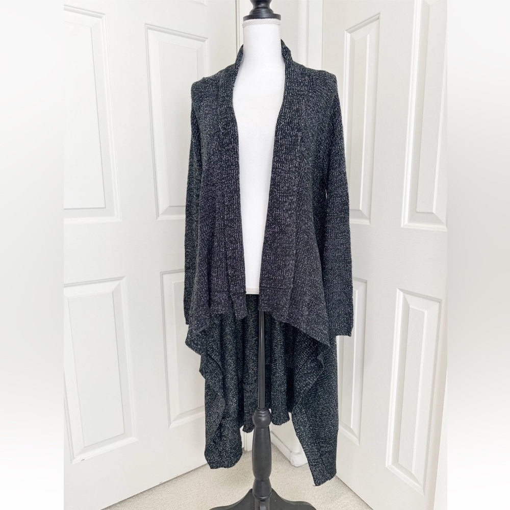 DKNY Women’s Open Front Waterfall Ribbed Long Knit Cardigan Metallic/black 6